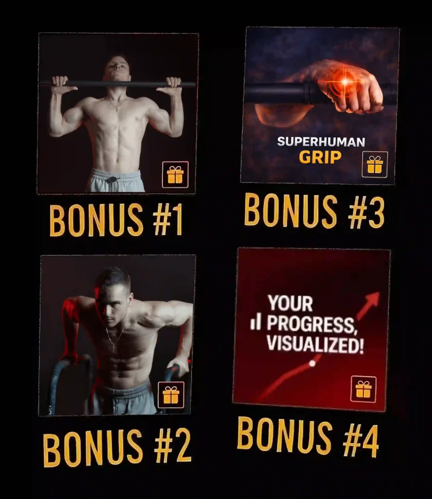 The four exclusive bonuses included with the Muscle-Up Program